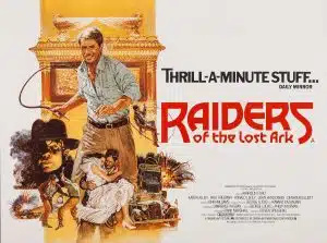   RAIDERS OF THE LOST ARK, britų plakatas, viršuje: Harrison Ford