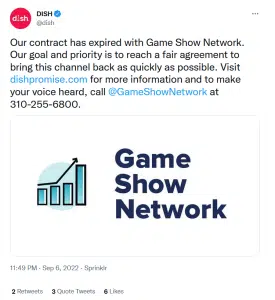   Dish sdílel své vlastní aktualizace o tom, že již nemá síť Game Show Network