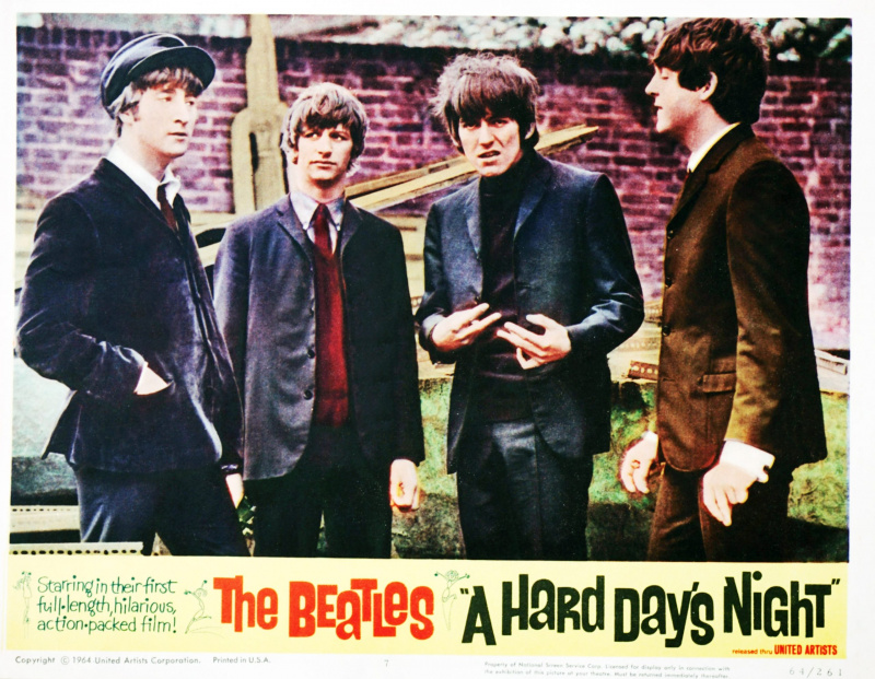  ŤAŽKÝ DEŇ'S NIGHT, lobbycard, from left, John Lennon, Ringo Starr, George Harrison, Paul McCartney, 1964 