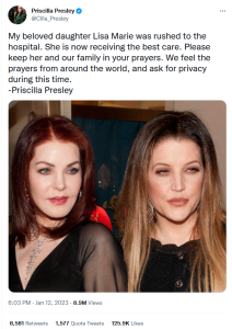   Присцилла's last post about Lisa Marie before she announced word of her death and said there would be no further statements