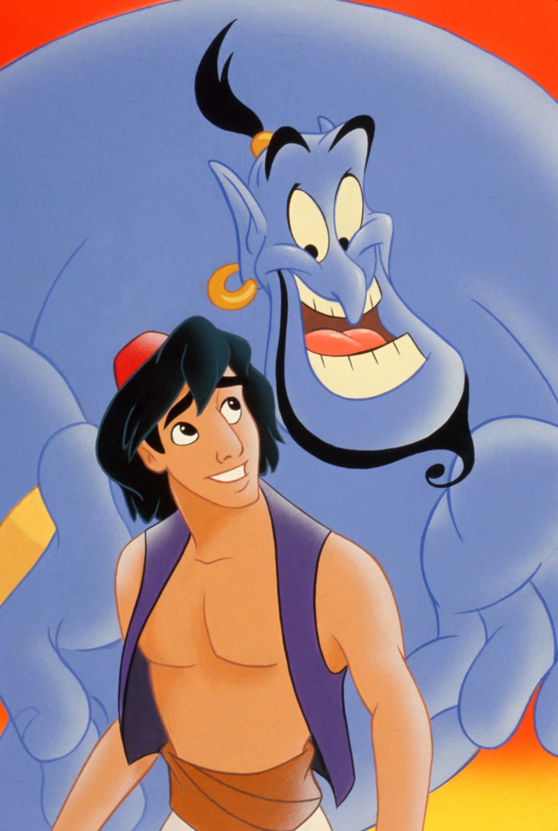  ALADDIN, dari kiri: Aladdin (suara: Scott Weinger), Genie (suara: Robin Williams), 1992