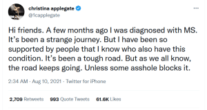   Applegate oznamuje diagnózu SM