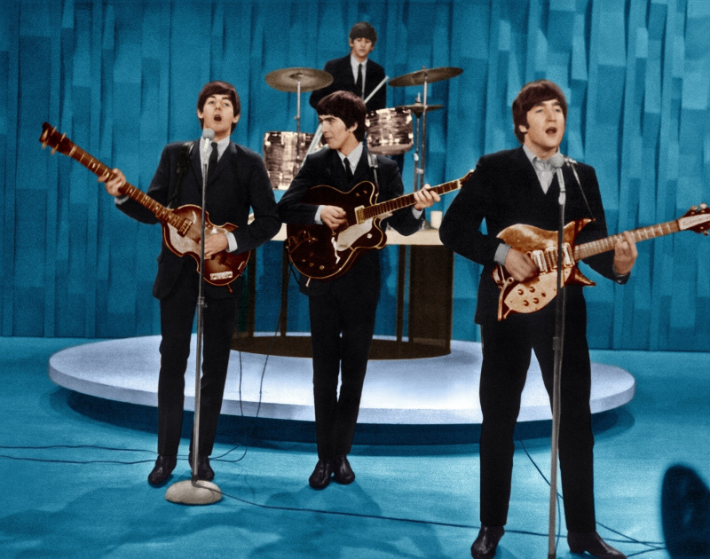  ED SULIVAN SHOW, The Beatles (no kreisās: Pols Makartnijs, Ringo Stārs, Džordžs Harisons, Džons Lenons) ģenerālmēģinājumā